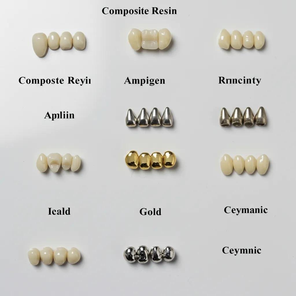 A display of different dental filling materials, including natural-looking composite resin, durable amalgam, elegant gold, and aesthetic ceramic, for patient comparison and informed choice