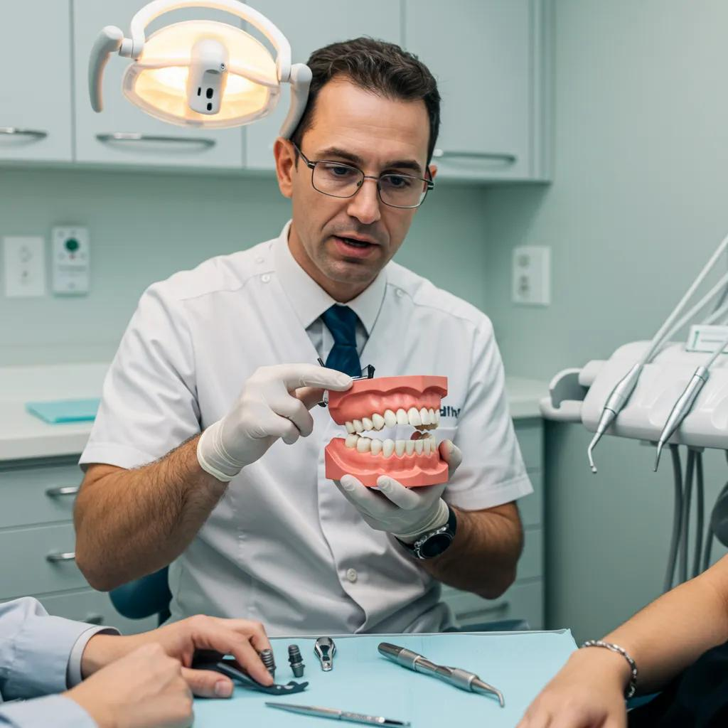 male dentist holding 3d example of dentures while being in a dental room