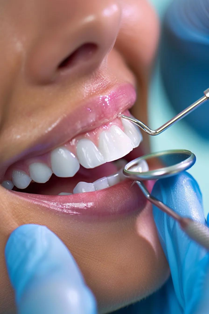 womans perfect teeth while there are 3 dental tools in up to her teeth