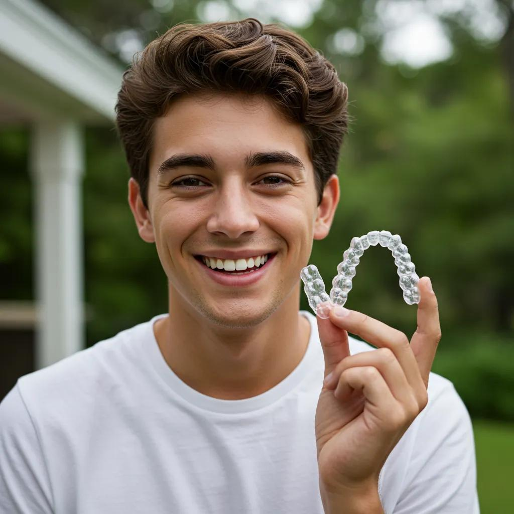 man holding Invisalign up and smiling while being outside
