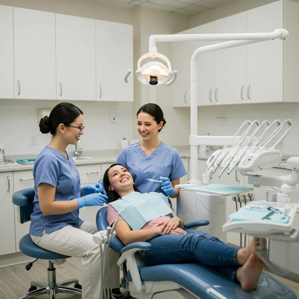 woman destist, her woman dental assistant and a woman patient all sitting in a dental office