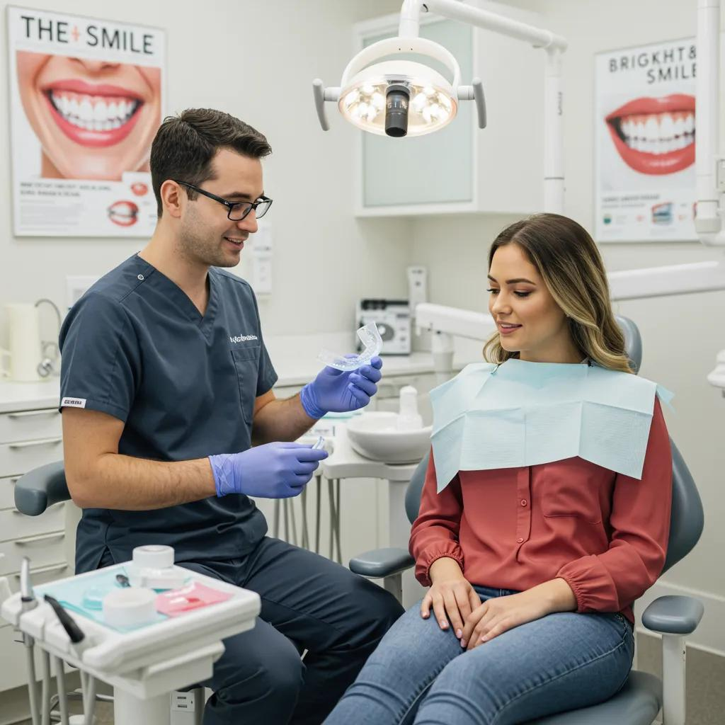 male doctor holding the invisalign mold up to show his female patient