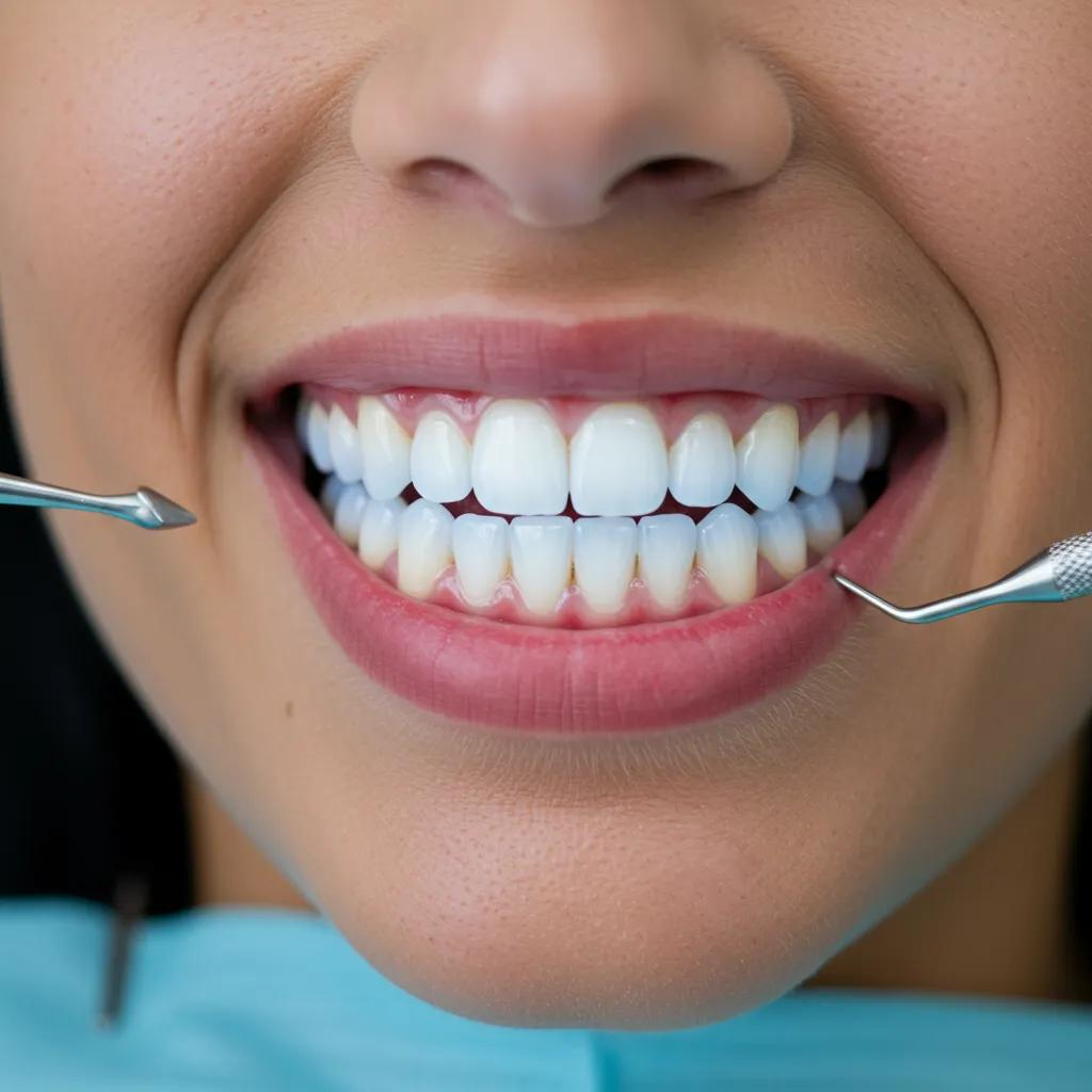 image of perfectly straight and white teeth with two dental tools pointing towards them