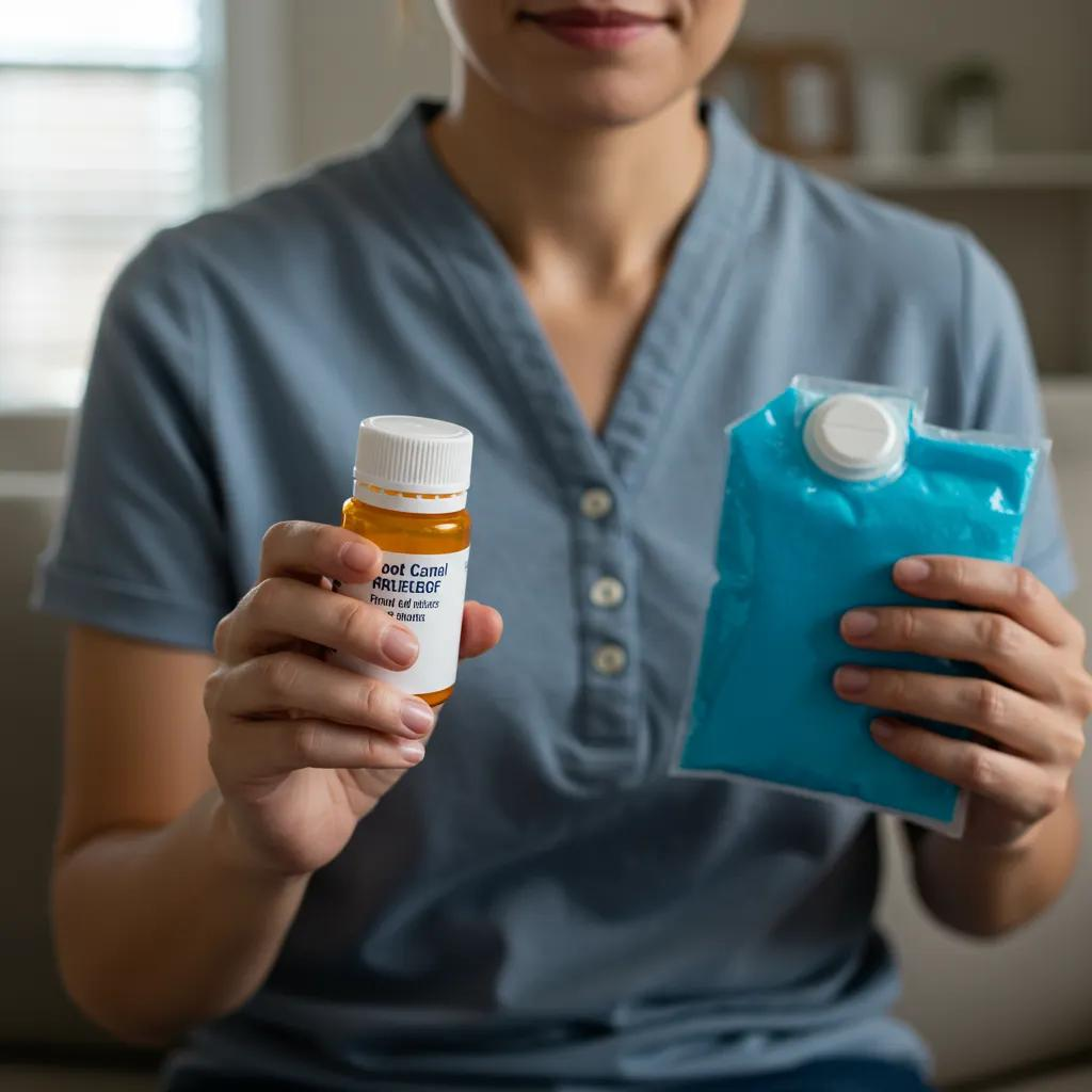 image of a dentist holding a bottle of medication for root canals and an ice pack for pain