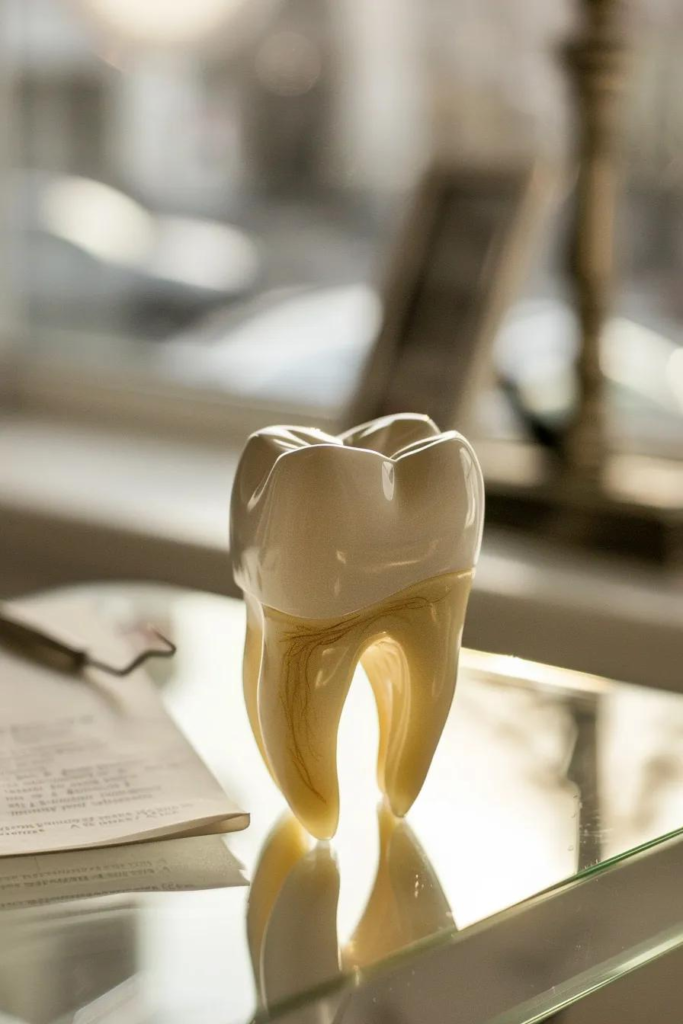 3d image of a large tooth on a table next to paperwork and dental tools
