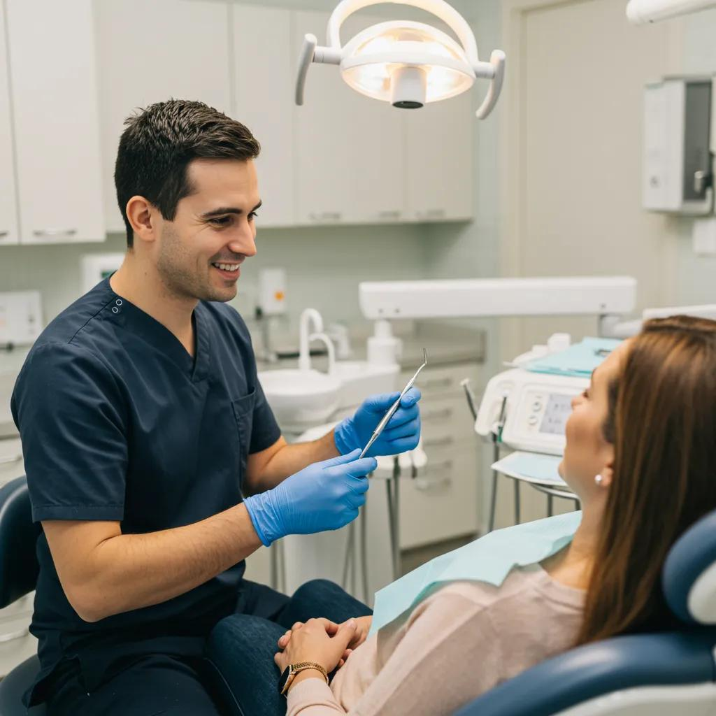 male dentist holding up a dental tool explaining to his patient in the chair the purpose of the tool