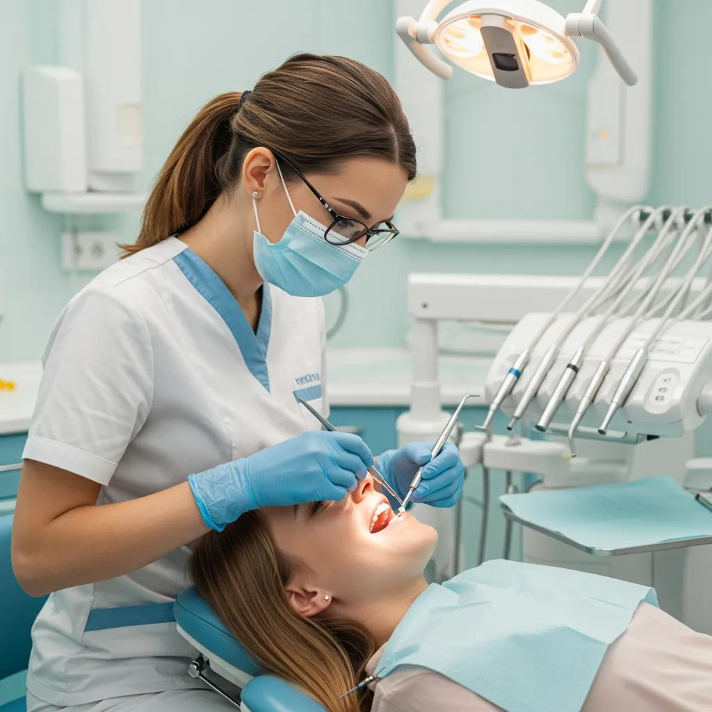 woman dentist holding two dental instruments ina woman patients mouth