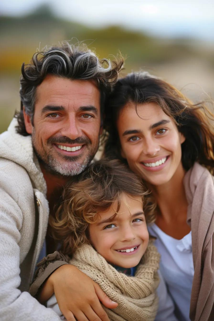image of a mother, father, and son, outside posing and smiling for a portrait