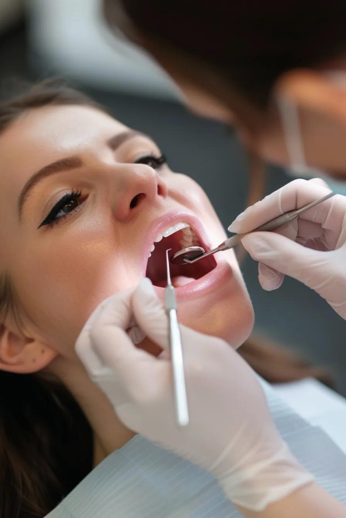 woman at dental office in chair while dentist holds a mirror and pick in her mouth