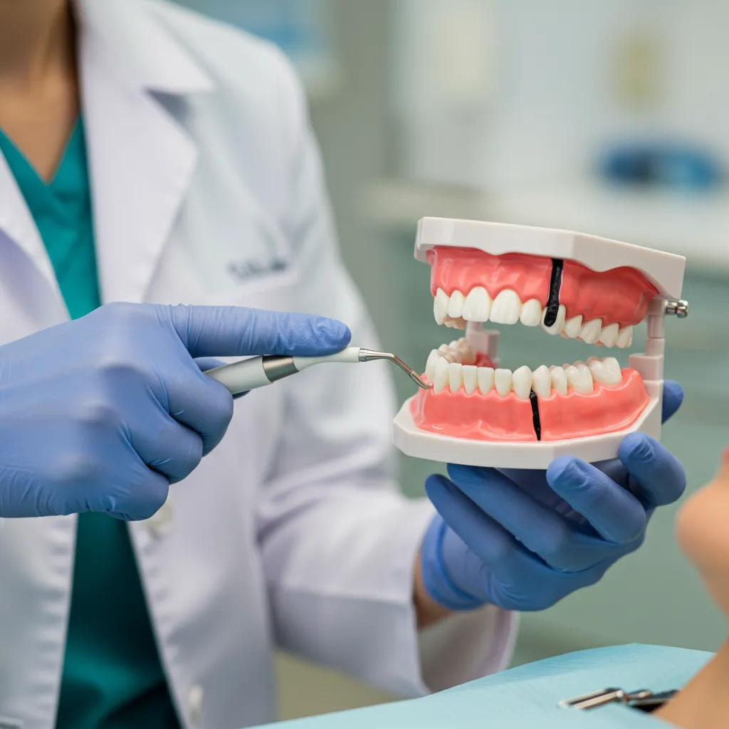 image of dentist holding a anatomical example of dentures while holding a metal pick to the teeth