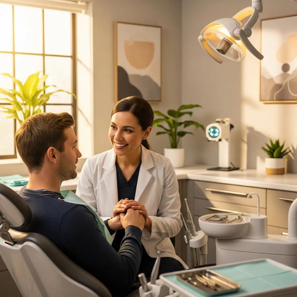 image of a dentist holding the hand of her patient who is sitting in the dental chair