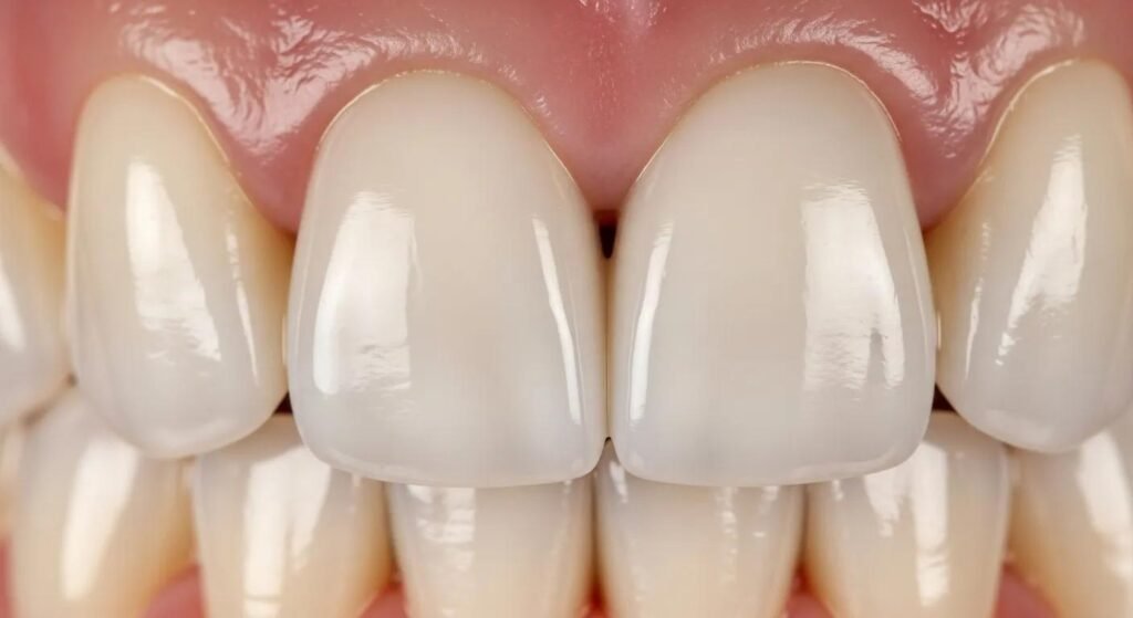 Porcelain dental crown displayed with natural teeth, highlighting aesthetic advantages
