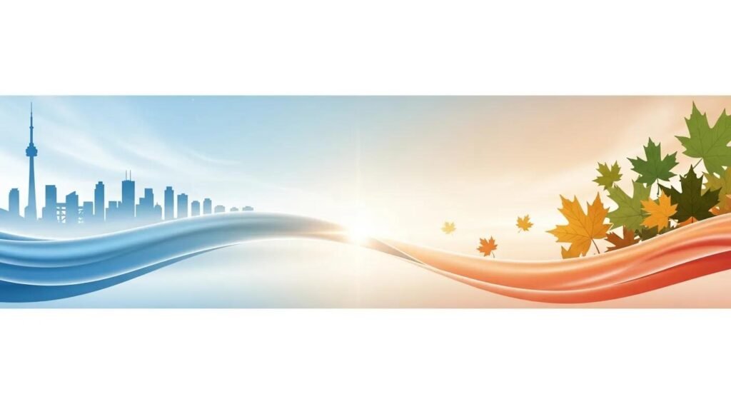 City skyline of Toronto with CN Tower, blue and orange gradient waves, and autumn leaves, symbolizing seasonal change and TMJ/TMD treatment in Ontario.