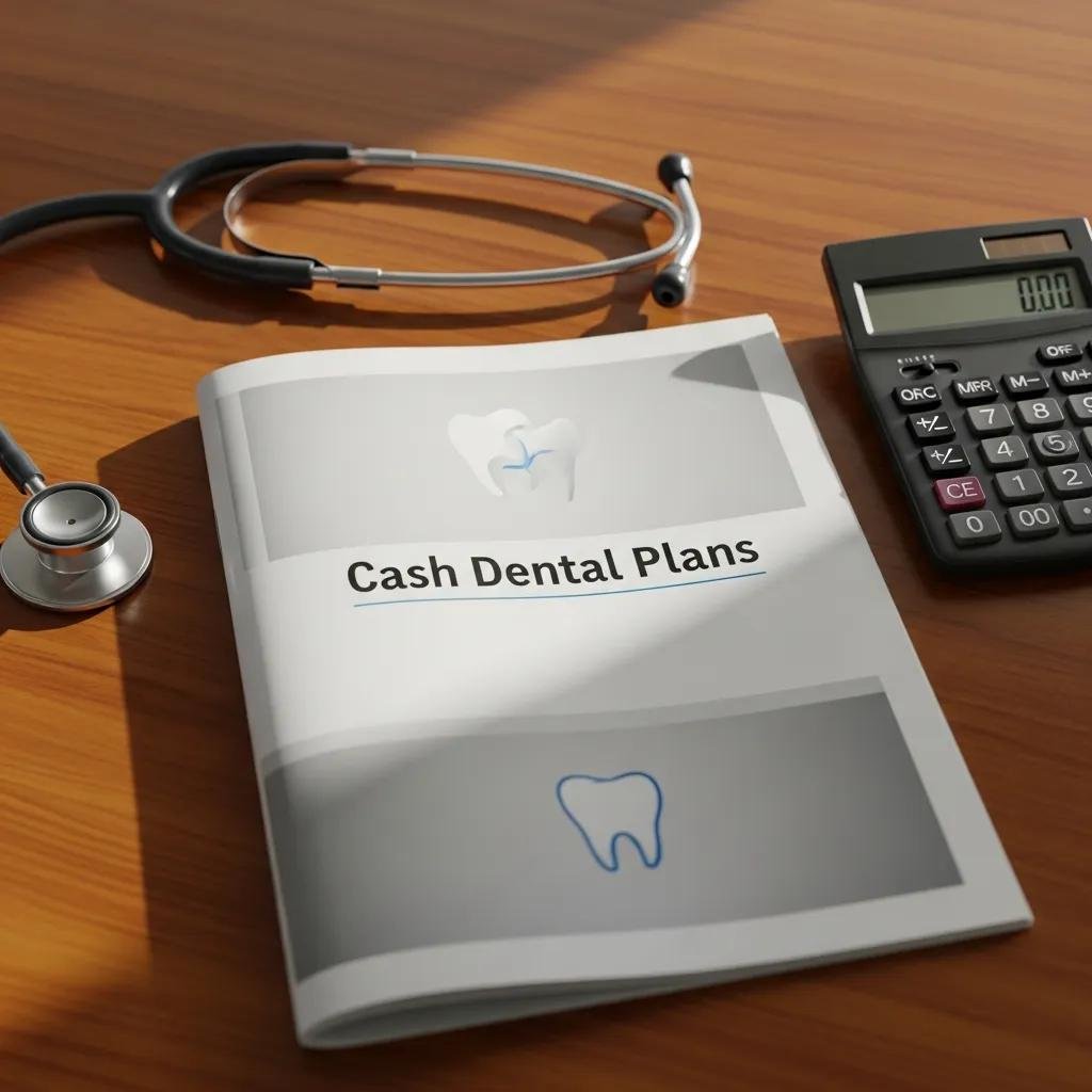 Brochure on cash dental plans with a calculator and stethoscope, representing affordable dental options
