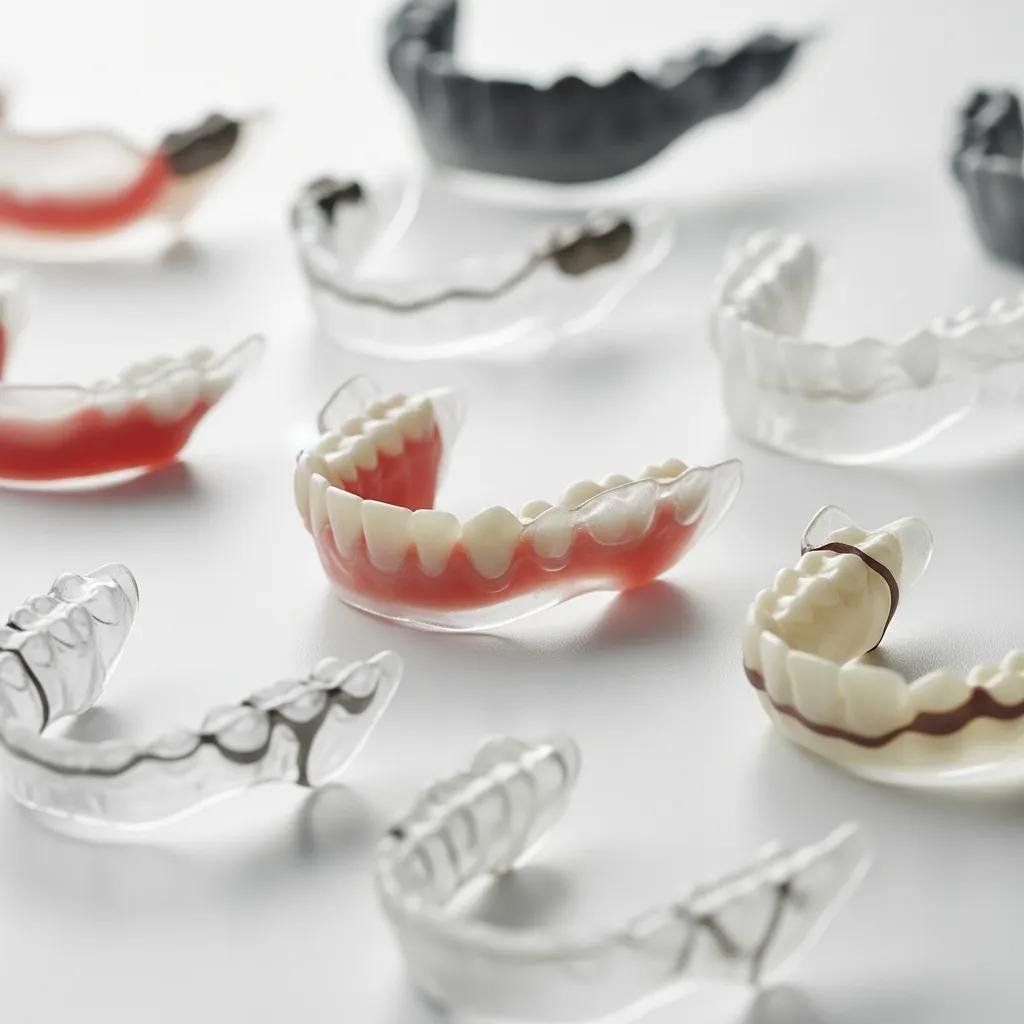 Dental appliances for TMJ treatment, including splints and night guards, displayed on a professional surface, illustrating non-surgical options for jaw alignment and pain relief.