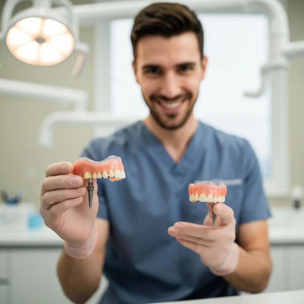 Dental professional holding implant-supported dentures, showcasing the connection to implants