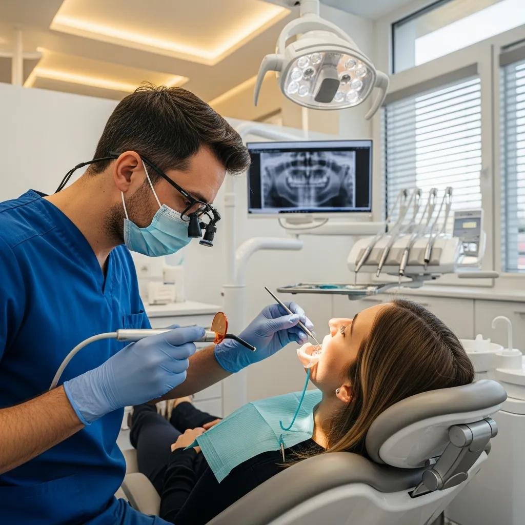 Dentist applying a dental filling during a procedure, demonstrating patient care