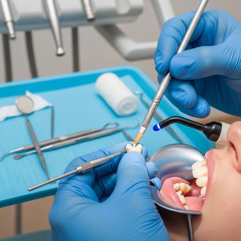 Dentist applying dental bonding to a chipped tooth, illustrating the repair process