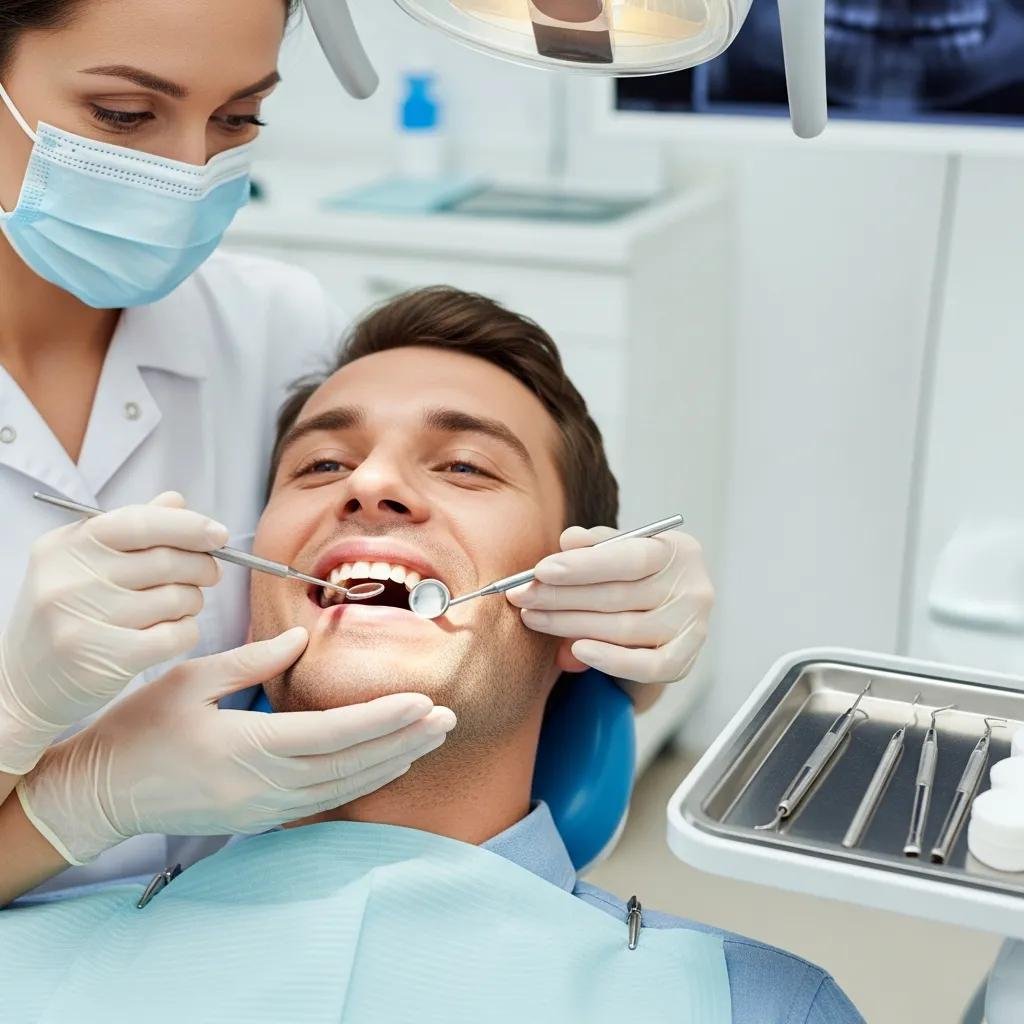 Dentist performing a dental checkup on a patient in a modern office