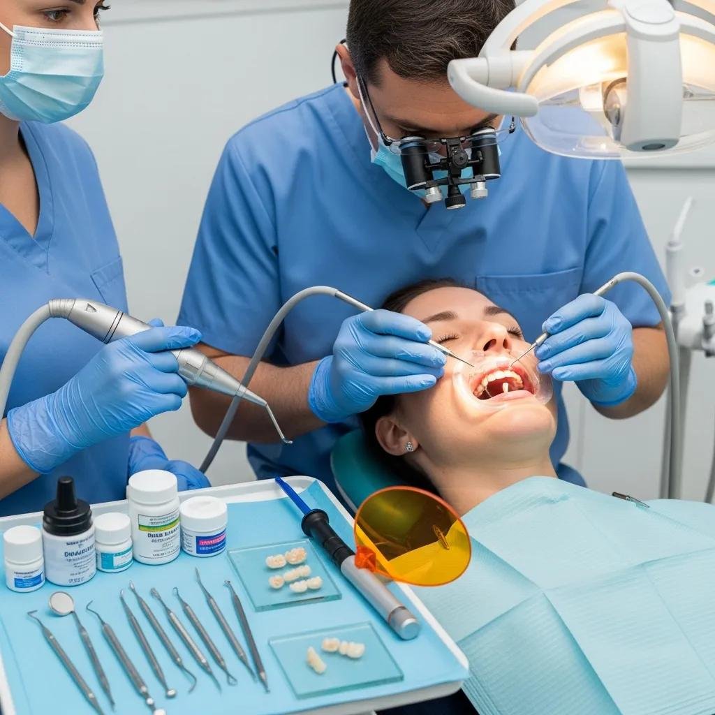 Dentist performing a dental inlay procedure, highlighting tools and patient comfort during treatment