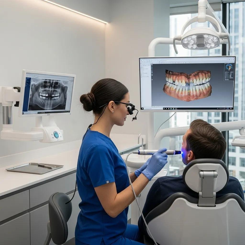 Dentist using advanced dental technology for crown procedures in a modern clinic