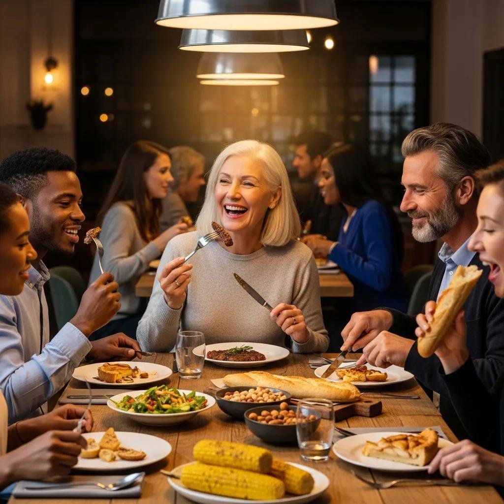 Group of diverse people enjoying a meal, illustrating the comfort and ease of chewing with dental implants