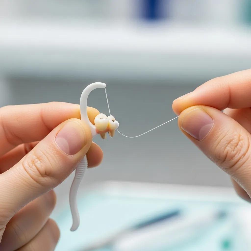 Hands demonstrating the C-shape flossing technique around a tooth, emphasizing proper flossing methods