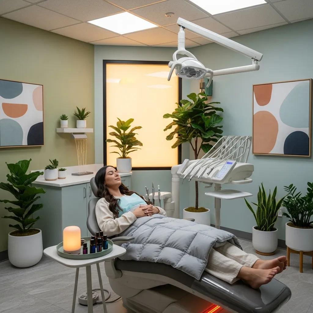 Patient in a calming dental office practicing relaxation techniques to manage dental anxiety