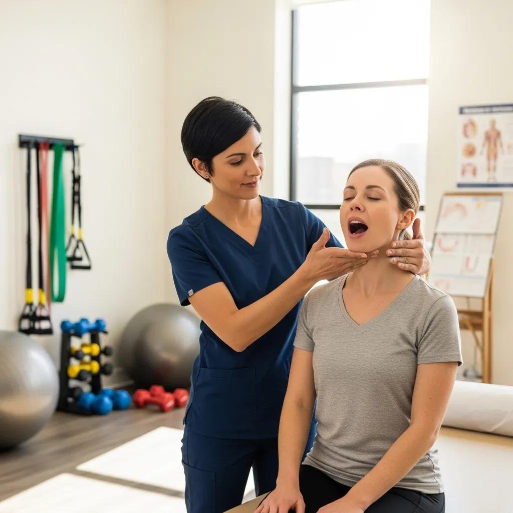 Patient performing jaw muscle exercises with a therapist in a therapy room, focusing on TMJ treatment and physical therapy for jaw pain relief.