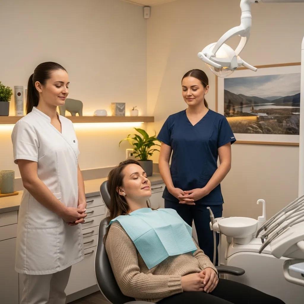 Patient practicing relaxation techniques in a calming dental office