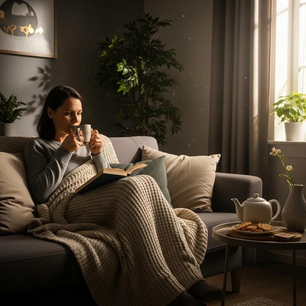 Patient relaxing at home during recovery after dental implant surgery, illustrating a peaceful and comforting environment