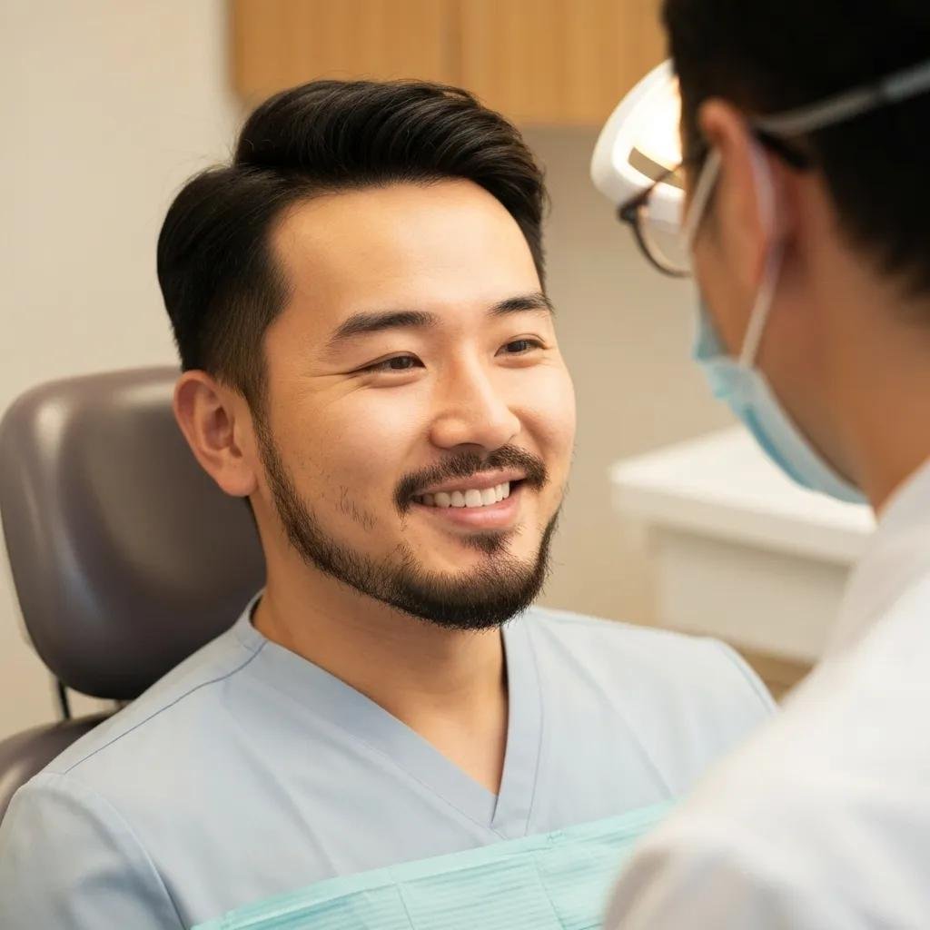 Smiling person in a dental office, showcasing the benefits of dental implants