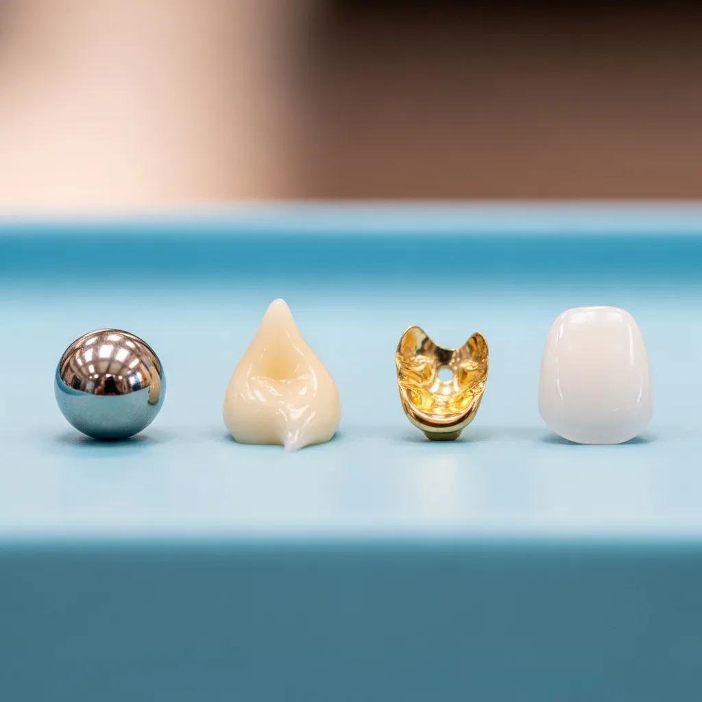 Various dental filling materials displayed on a tray, illustrating options for dental care