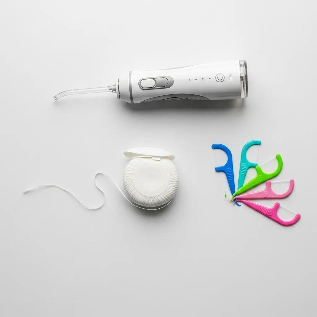 Various flossing tools including dental floss, floss picks, and a water flosser, showcasing recommended options for oral hygiene