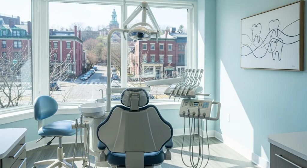 Dental treatment room with modern dental chair, equipment, and large windows overlooking Montclair, CA, emphasizing quality dental care environment.