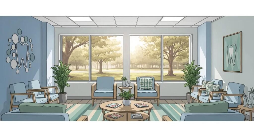 Dental office waiting area with modern seating, decorative tooth logo on the wall, and large windows overlooking a serene outdoor landscape, emphasizing a welcoming atmosphere for families seeking dental care in Colony Park.