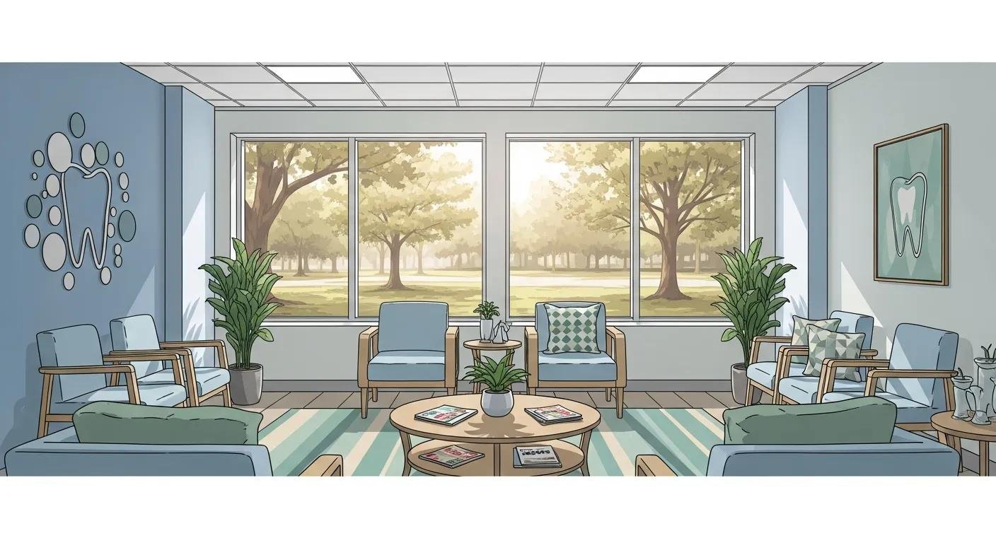 Dental office waiting area with modern furniture, decorative tooth logo on wall, large windows showcasing trees outside, and coffee table with magazines, reflecting a welcoming environment for families seeking dental care in Colony Park, Ontario.