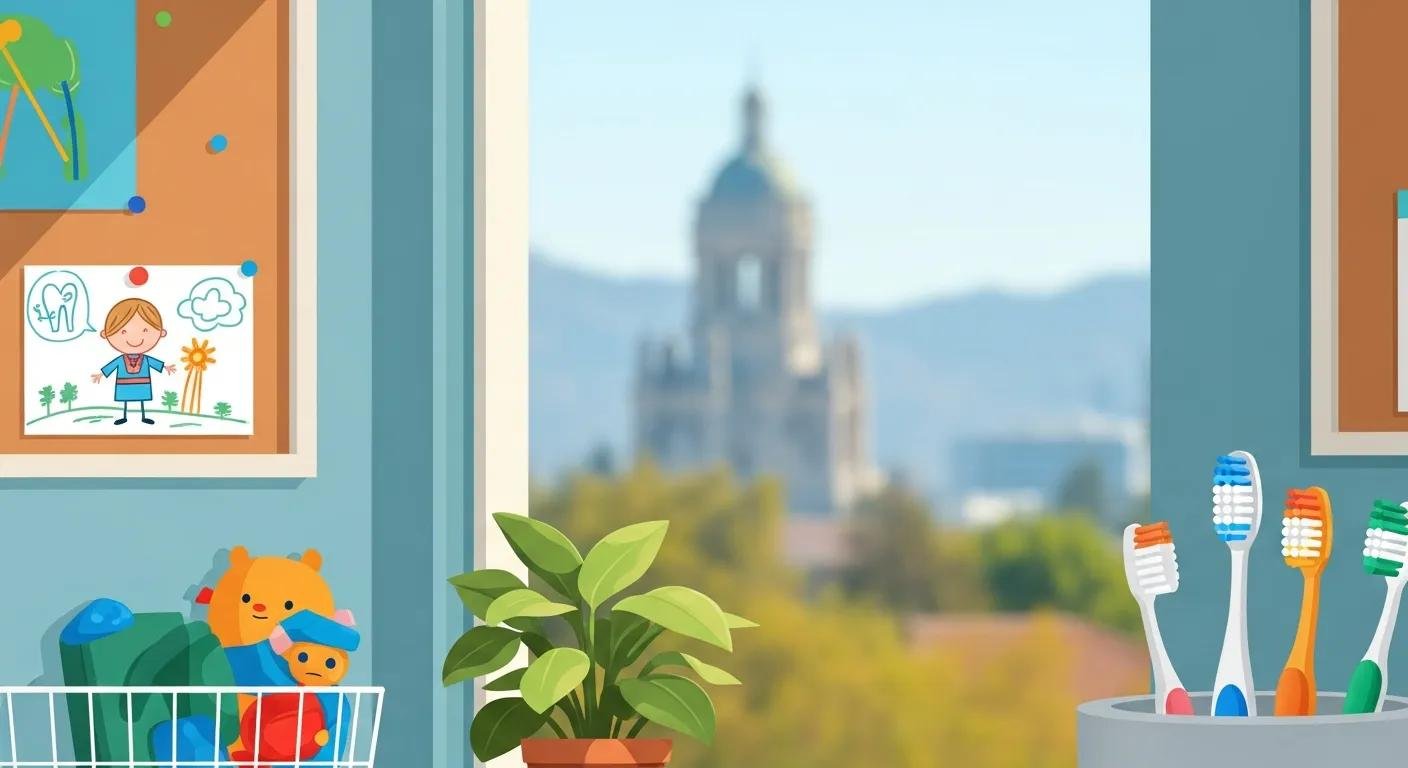 Illustration of a dental care environment featuring colorful children's drawings, a plant, toys, and toothbrushes, with a blurred view of a building in the background, emphasizing a family-friendly dental practice atmosphere.