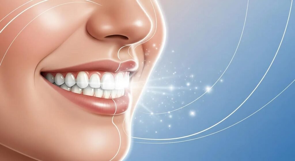 Close-up of a smiling woman's face showcasing bright, white teeth with sparkles, representing cosmetic dentistry and smile makeovers.
