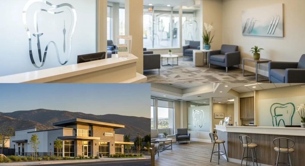 Modern dental office interior with reception area, tooth logo on glass, comfortable seating, and welcoming environment near Rancho Cucamonga, CA.