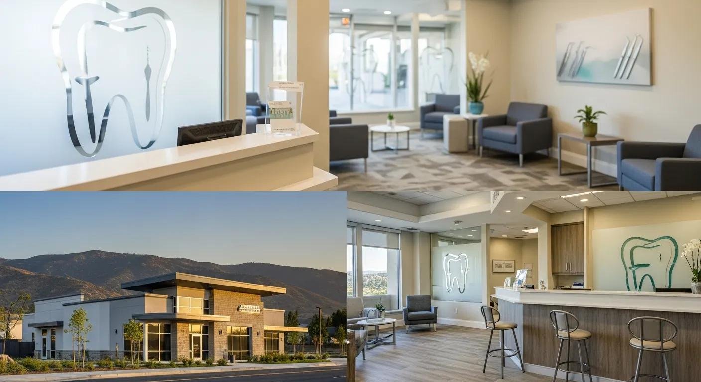 Dental office interior featuring a tooth logo, reception area with seating, and modern decor, representing Beautiful Smiles Ontario in Rancho Cucamonga, CA, emphasizing family and cosmetic dental care.