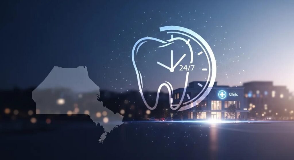 24/7 emergency dental care graphic featuring a tooth icon and clock overlaying a clinic building in Ontario, CA, highlighting urgent dental services.