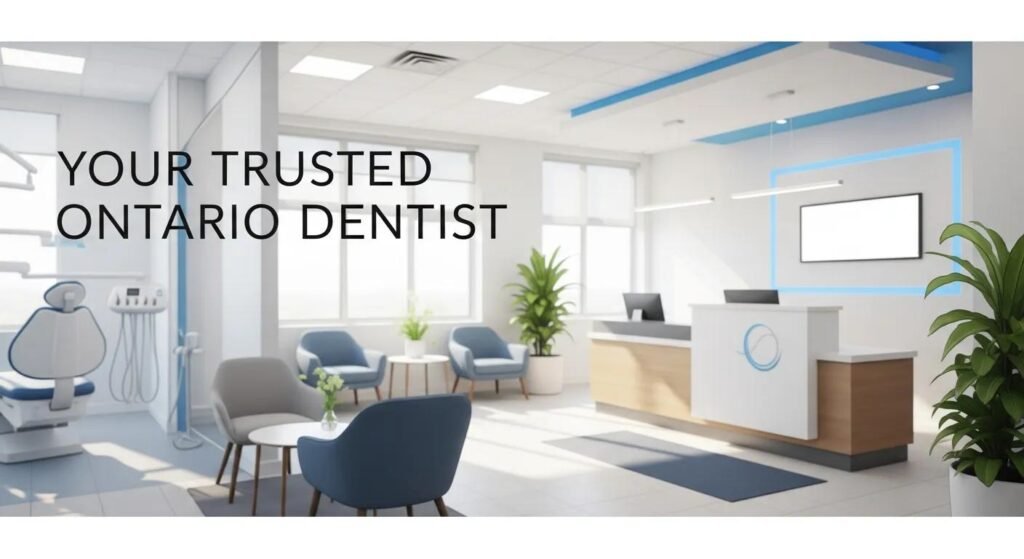 Dental office reception area with modern design, featuring comfortable seating, dental equipment, and the text "YOUR TRUSTED ONTARIO DENTIST," emphasizing patient comfort and local dental services.
