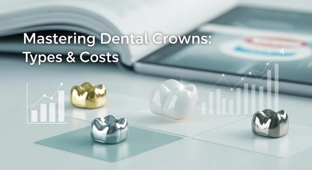 Dental crowns in various materials, including gold, silver, and white, displayed on a surface with a background showing a graph, emphasizing dental crown types and costs in relation to oral health.