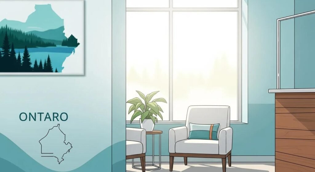 Dental office interior in Ontario featuring a calming design, comfortable seating, decorative plant, and scenic artwork, promoting family and cosmetic dental care.