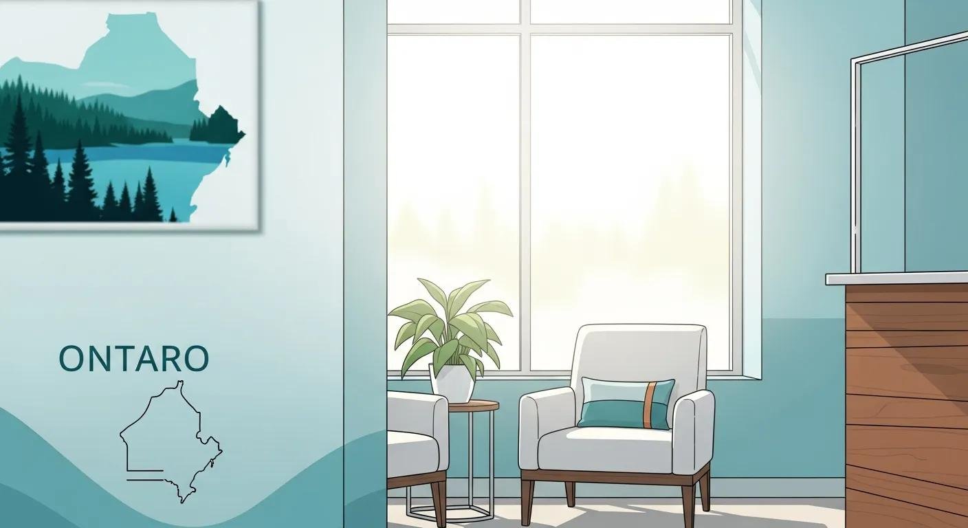 Modern dental office interior in Ontario, featuring comfortable seating, a potted plant, and a scenic wall art depicting nature.
