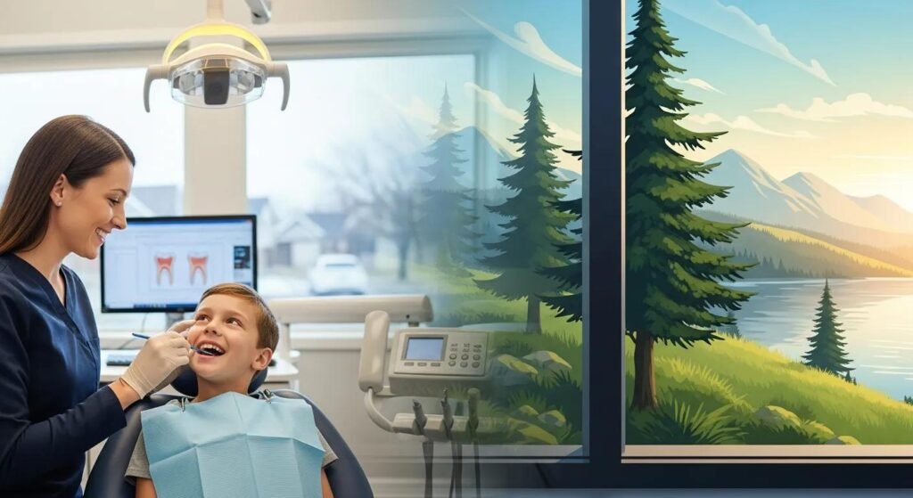 Child at dental check-up with dentist, showing pediatric dental care in a family-friendly environment, scenic nature view through window, emphasizing comprehensive dental services for all ages.