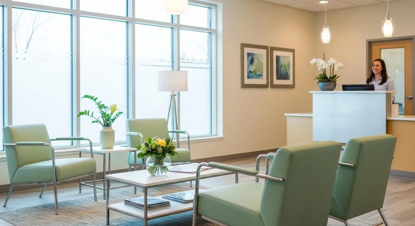 Dental office waiting area with modern green chairs, a coffee table with flowers, and a reception desk in a well-lit space near Chino, CA, promoting Beautiful Smiles Ontario's family and emergency dental services.
