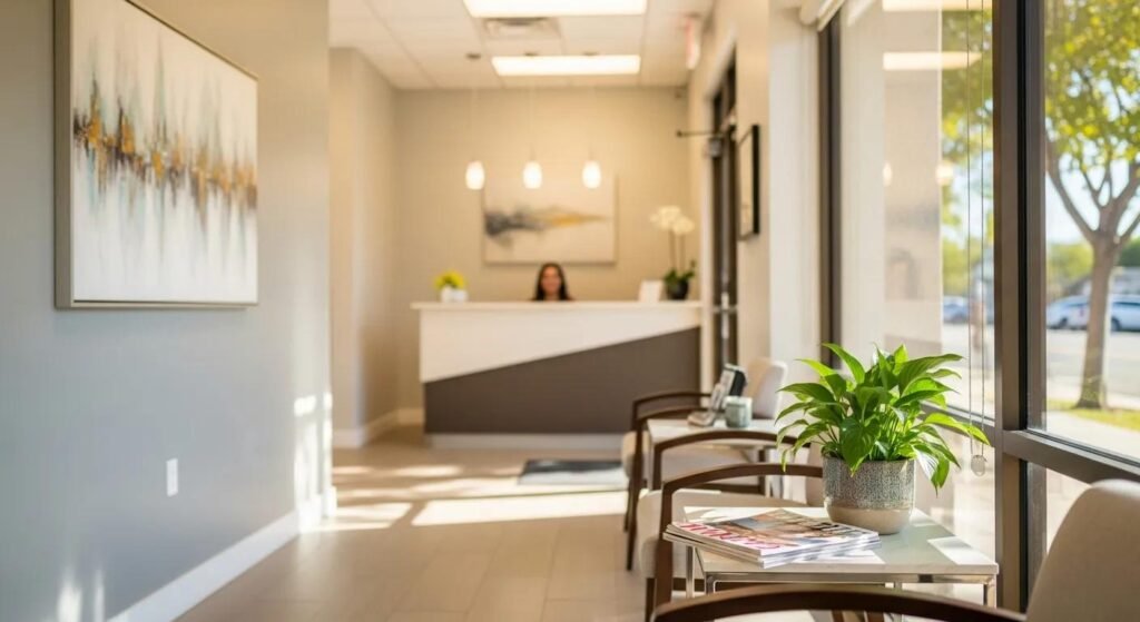 Dental office reception area with modern decor, welcoming atmosphere, and green plants, emphasizing a comfortable environment for patients seeking dental care in Eastvale, CA.