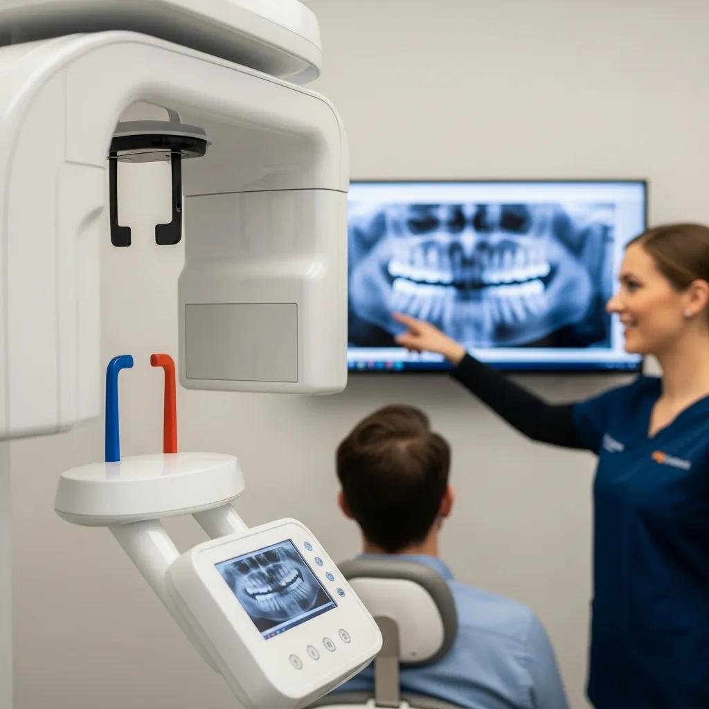 Intraoral imaging equipment with digital X-ray display, dentist pointing at dental X-ray on monitor, patient seated in dental chair, advanced cosmetic dentistry technology in use.